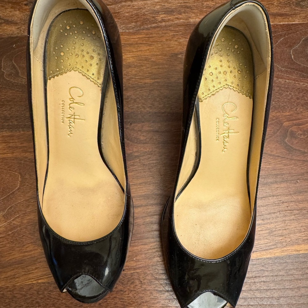 Cole Haan Black Patent Peep-Toe Wedge Pumps